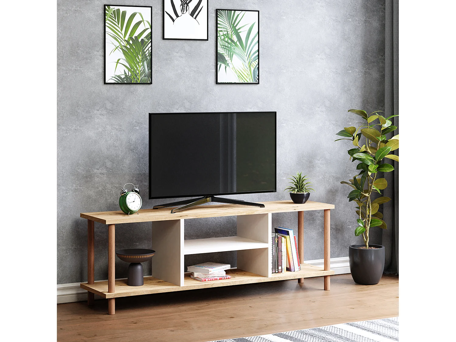 Meuble TV Ærøskøbing avec espace de rangement 43 x 120 x 29 cm effet bois / blanc [en.casa]
