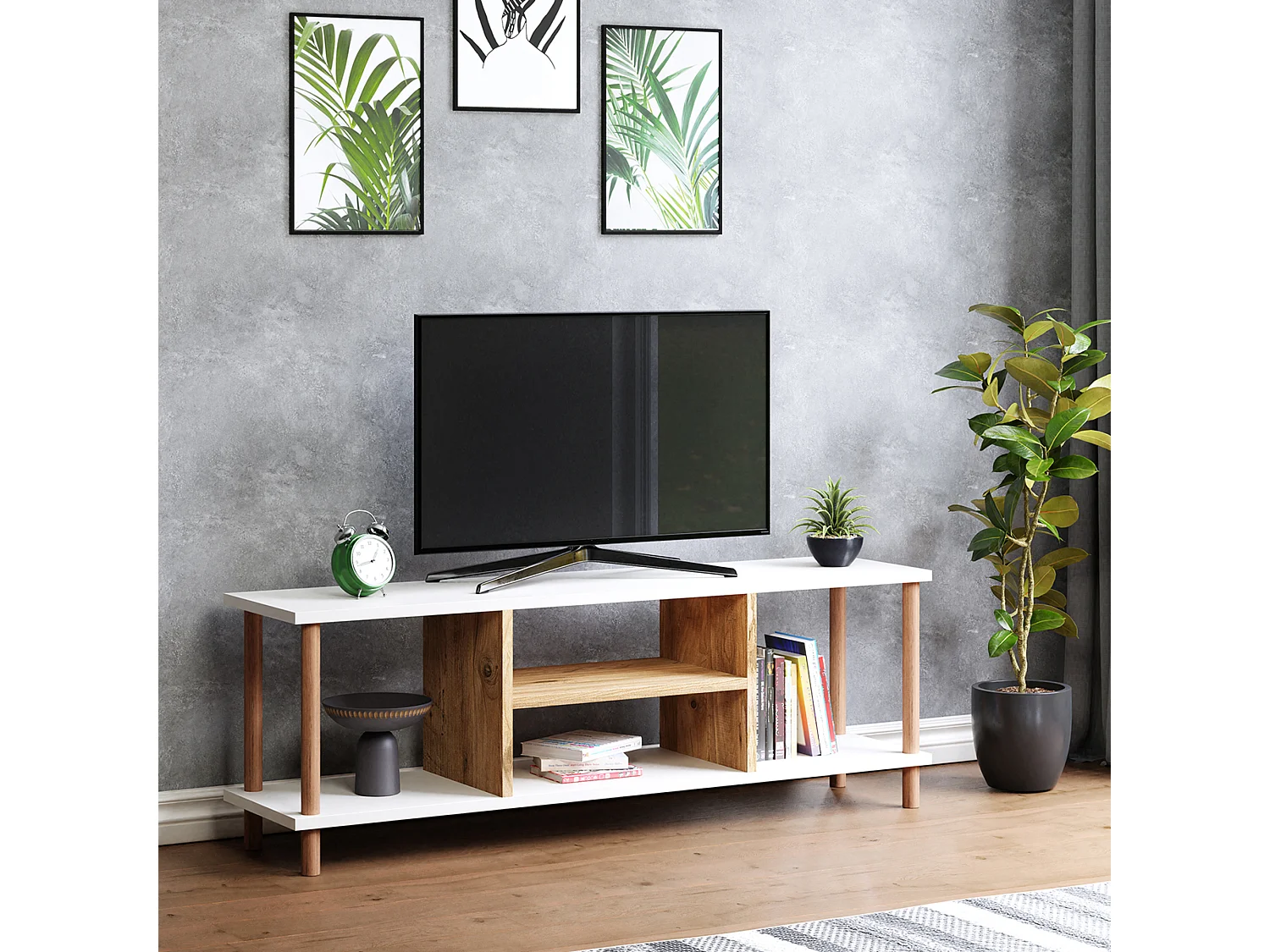 Meuble TV Ærøskøbing avec espace de rangement 43 x 120 x 29 cm blanc / effet bois [en.casa]