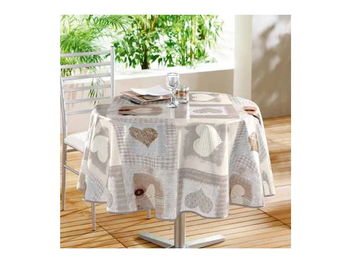 Nappe Ronde Toile Cirée "Cosy Coeur" 160cm Gris