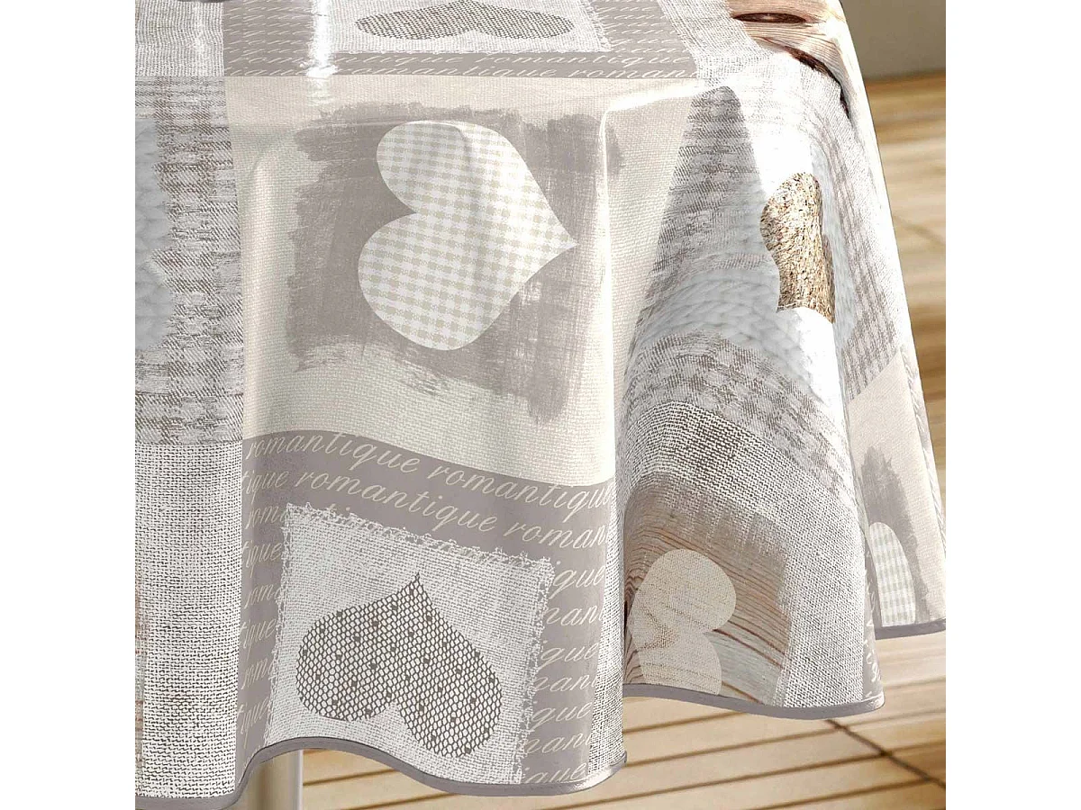 Nappe Ronde Toile Cirée "Cosy Coeur" 160cm Gris