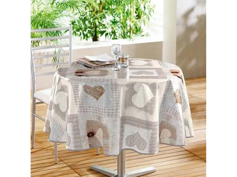 Nappe Ronde Toile Cirée "Cosy Coeur" 160cm Gris