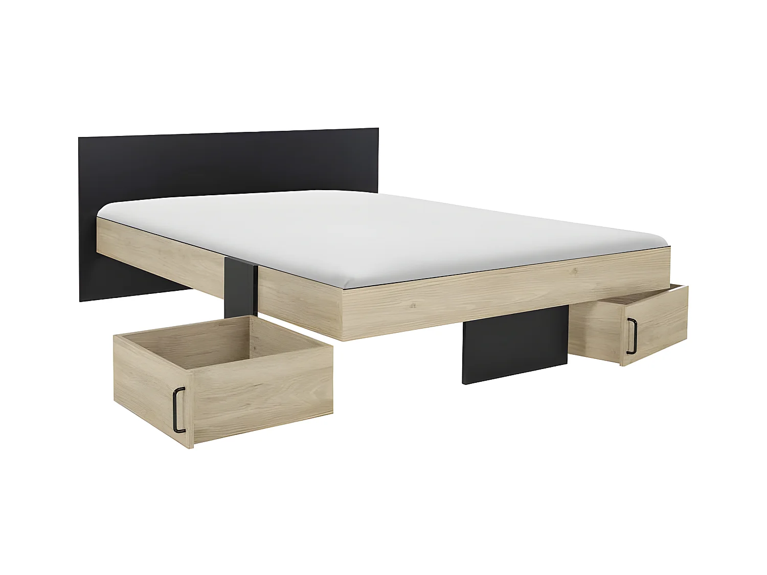 Cadre + Tête de lit 160*200 + Rangements Chêne/Noir - AMBRE