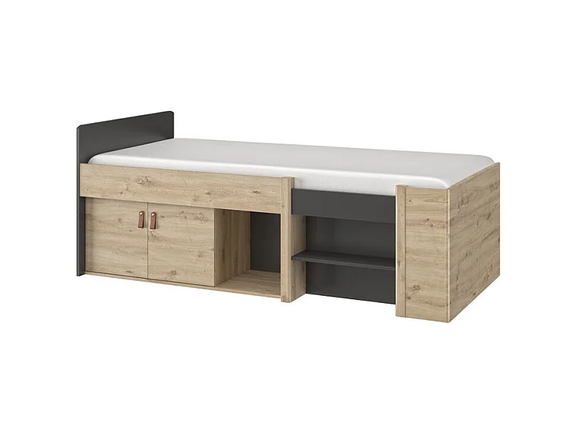 Cadre + Tête de lit 90*200 + rangements Chêne/Noir - ESTHER