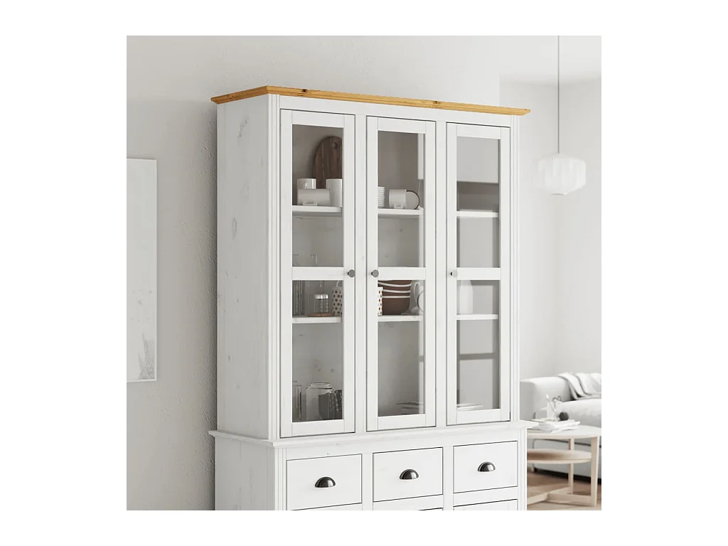 Armadio BODO bianco marrone con ante in vetro, legno massello di pino