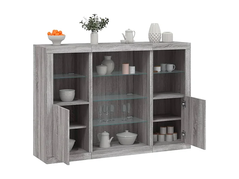 Juego de buffet de 3 piezas con luces LED, gris Sonoma, madera de ingeniería