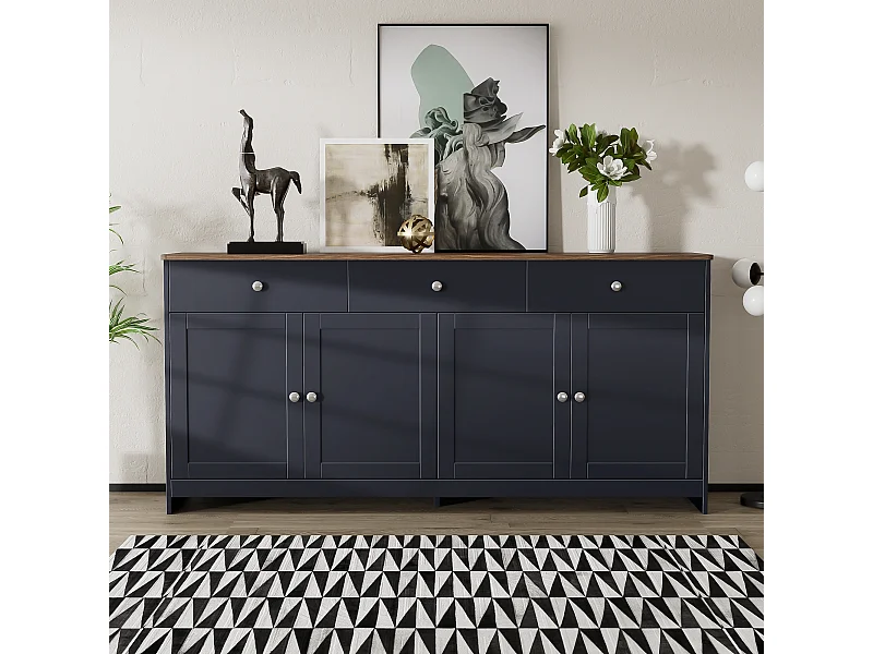 Buffet 4 portes et 3 tiroirs, design rustique, MDF, gris anthracite et bois (160x37x75cm)