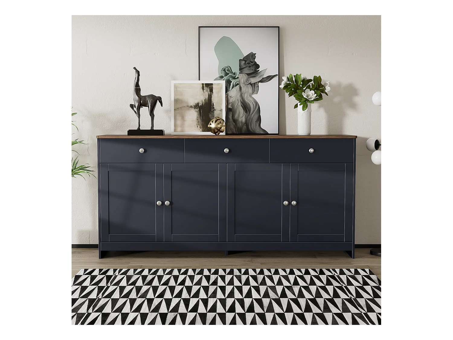 Buffet 4 portes et 3 tiroirs, design rustique, MDF, gris anthracite et bois (160x37x75cm)