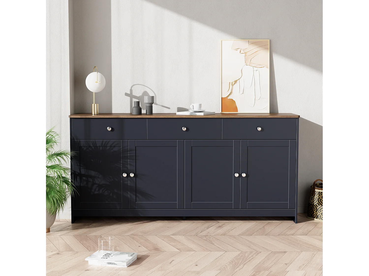 Dressoir met 4 deuren en 3 laden, rustiek design, MDF, antracietgrijs en hout (160x37x75cm)