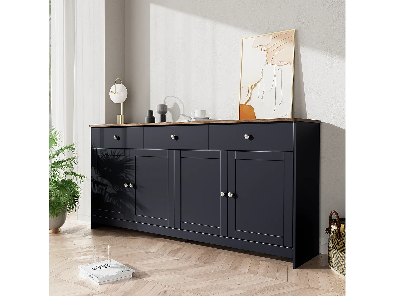 Dressoir met 4 deuren en 3 laden, rustiek design, MDF, antracietgrijs en hout (160x37x75cm)