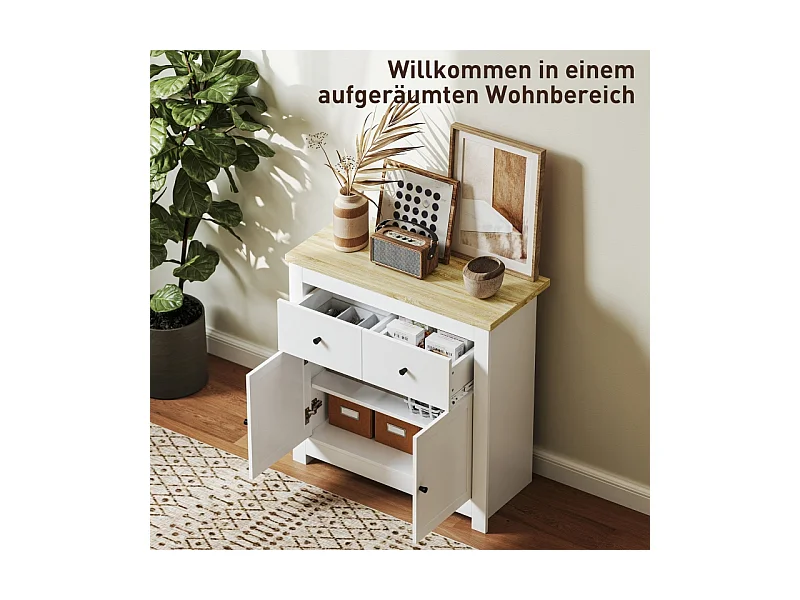 Buffet de rangement avec 2 tiroirs et portes à fermeture douce, bois, blanc (79x35x80 cm)
