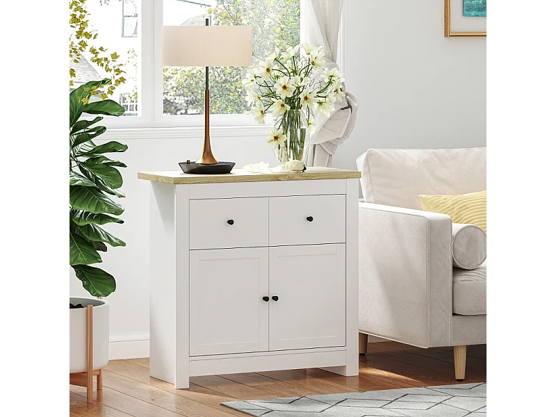 Buffet de rangement avec 2 tiroirs et portes à fermeture douce, bois, blanc (79x35x80 cm)