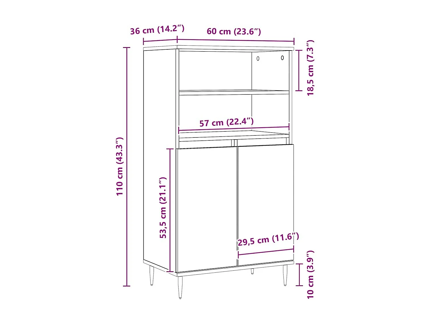Buffet haut chêne artisanal 60x36x110 cm bois d'ingénierie