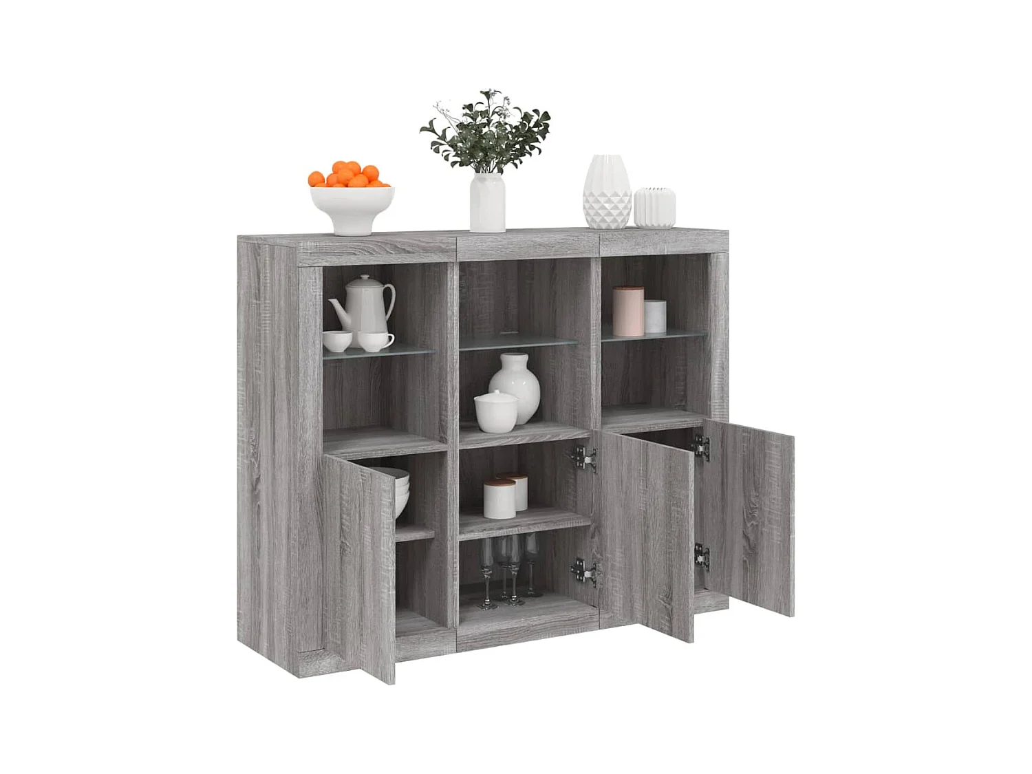 Set buffet da 3 pezzi con luci a LED, grigio Sonoma, legno ingegnerizzato