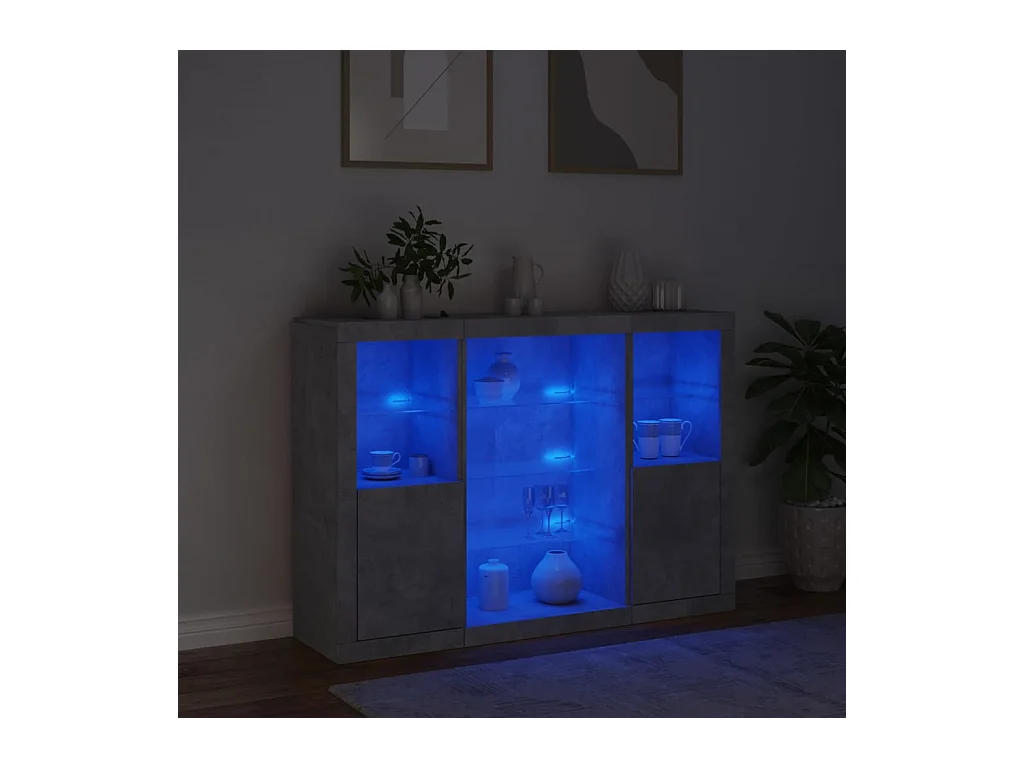 Buffets avec lumières LED 3 pcs gris béton bois d'ingénierie