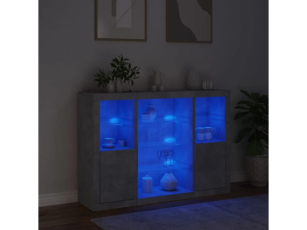 Buffets avec lumières LED 3 pcs gris béton bois d'ingénierie