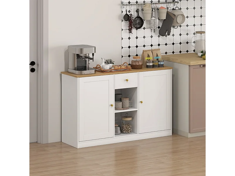 Buffet de rangement avec tiroir, 2 portes et 2 étagères ouvertes, bois, blanc (120x35x75.2 cm)