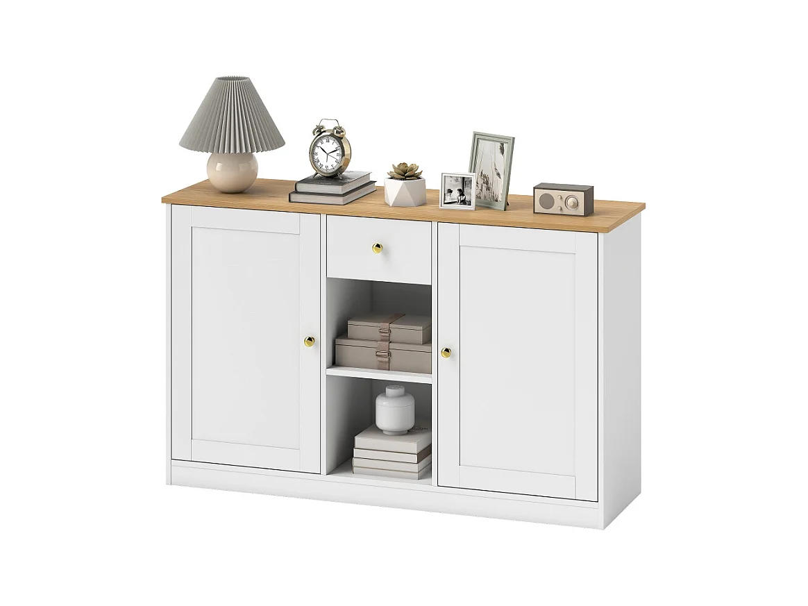 Buffet de rangement avec tiroir, 2 portes et 2 étagères ouvertes, bois, blanc (120x35x75.2 cm)