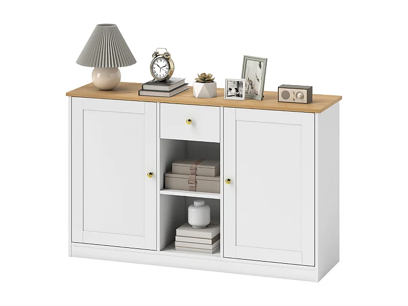 Buffet de rangement avec tiroir, 2 portes et 2 étagères ouvertes, bois, blanc (120x35x75.2 cm)