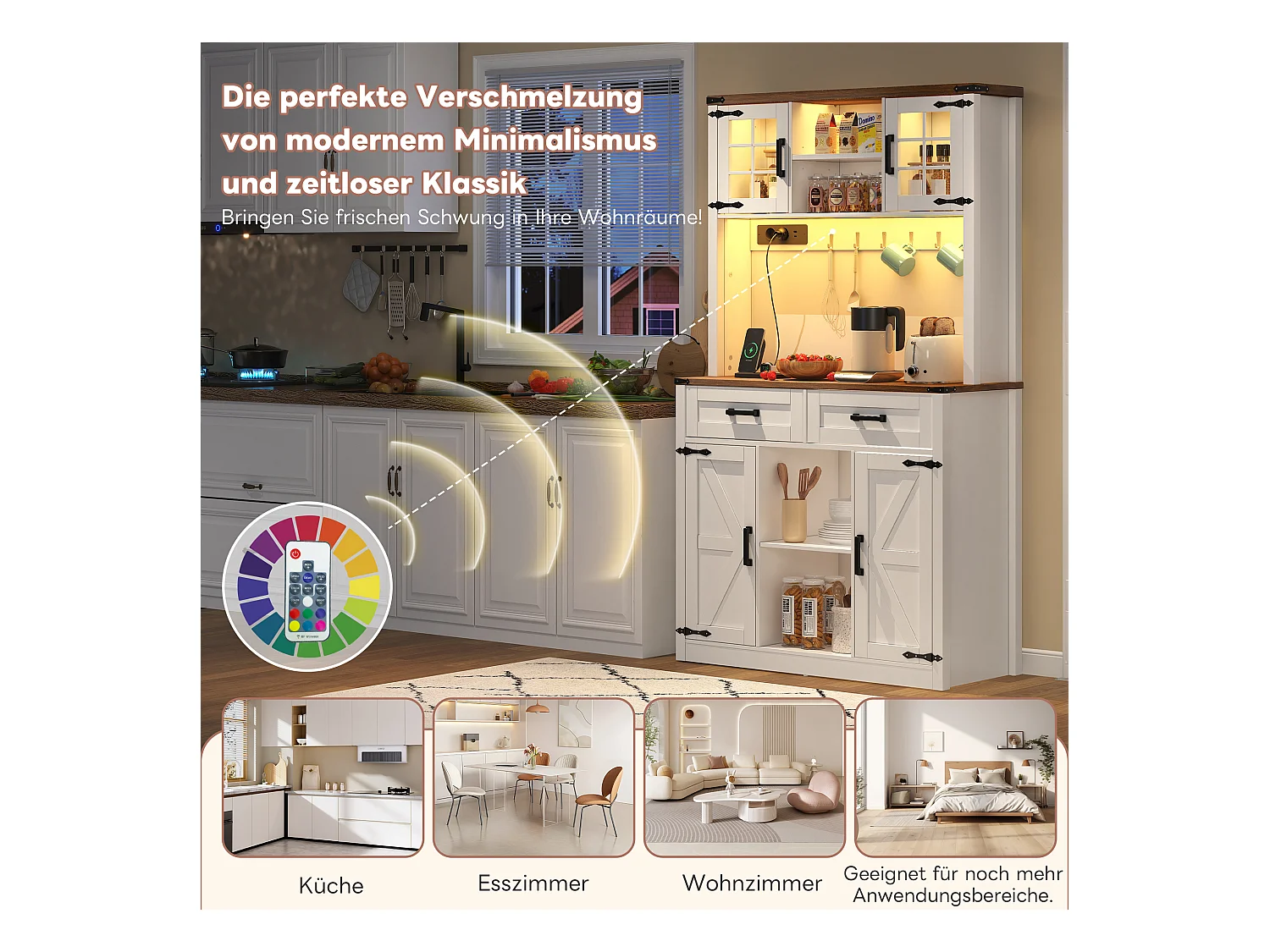 Buffet cuisine LED avec prises, design rustique, MDF blanc/marron, 2 tiroirs, étagères réglables (100x40x172cm)