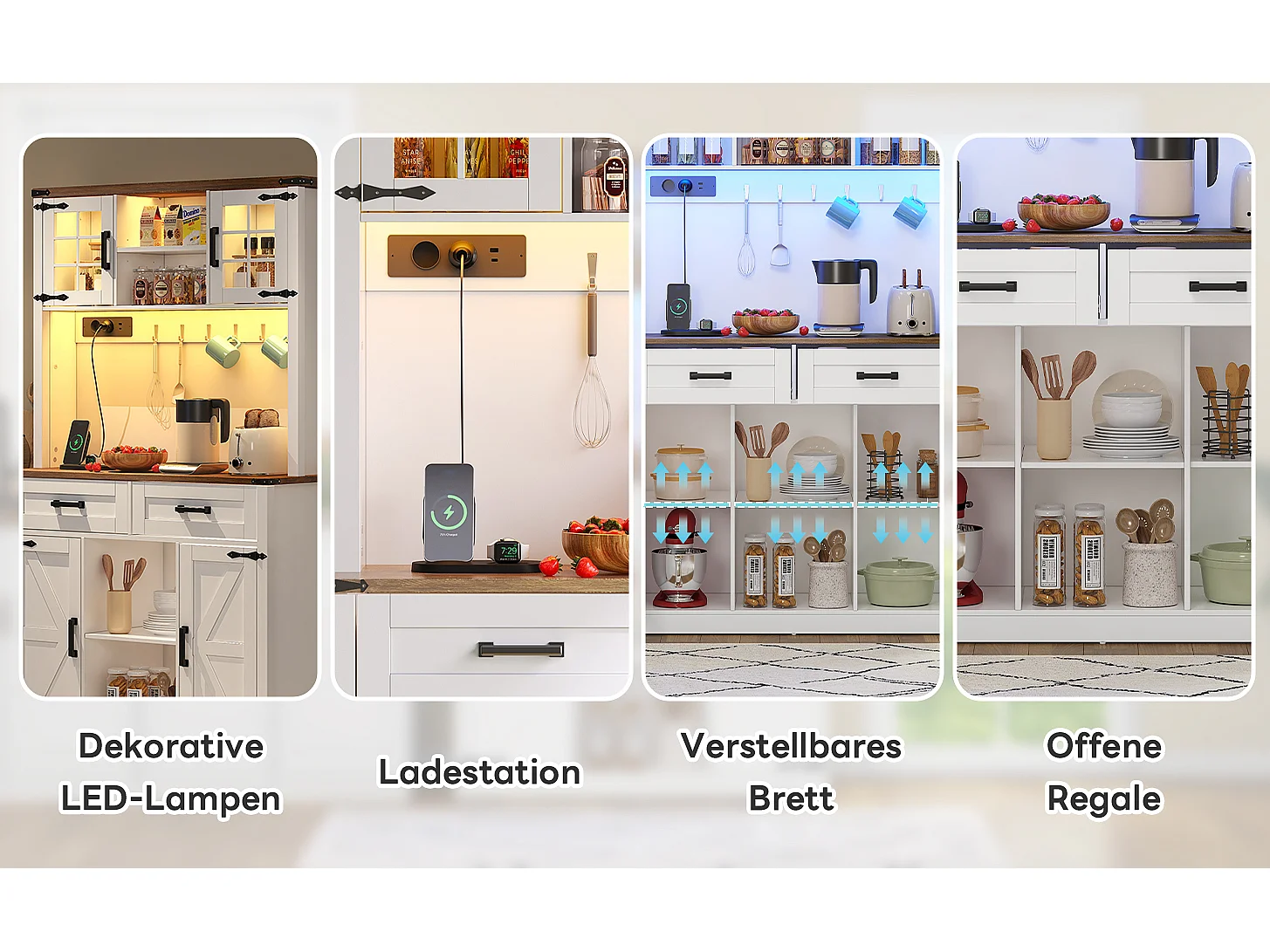 Buffet cuisine LED avec prises, design rustique, MDF blanc/marron, 2 tiroirs, étagères réglables (100x40x172cm)