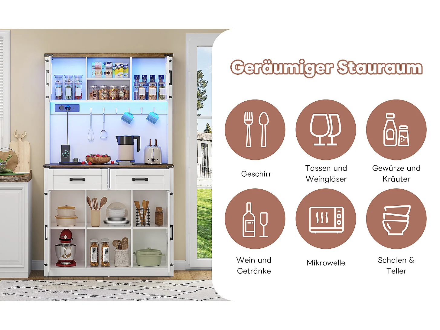 Buffet cuisine LED avec prises, design rustique, MDF blanc/marron, 2 tiroirs, étagères réglables (100x40x172cm)