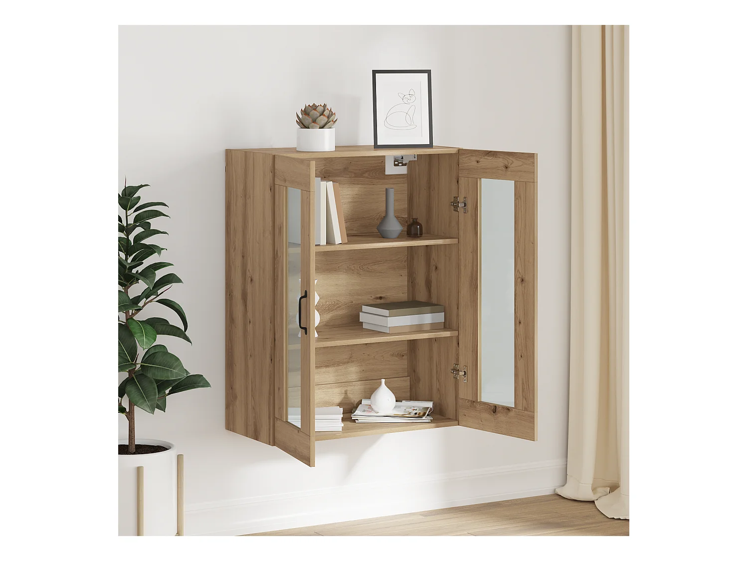 Mobiletto pensile con ripiano a parete con contenitore con anta Marrone 69,5 x 34 x 90 cm