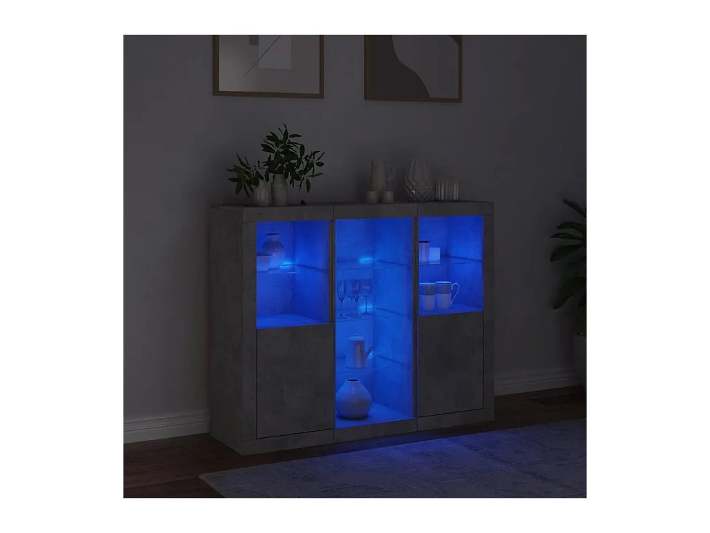 Buffets avec lumières LED 3 pcs gris béton bois d'ingénierie