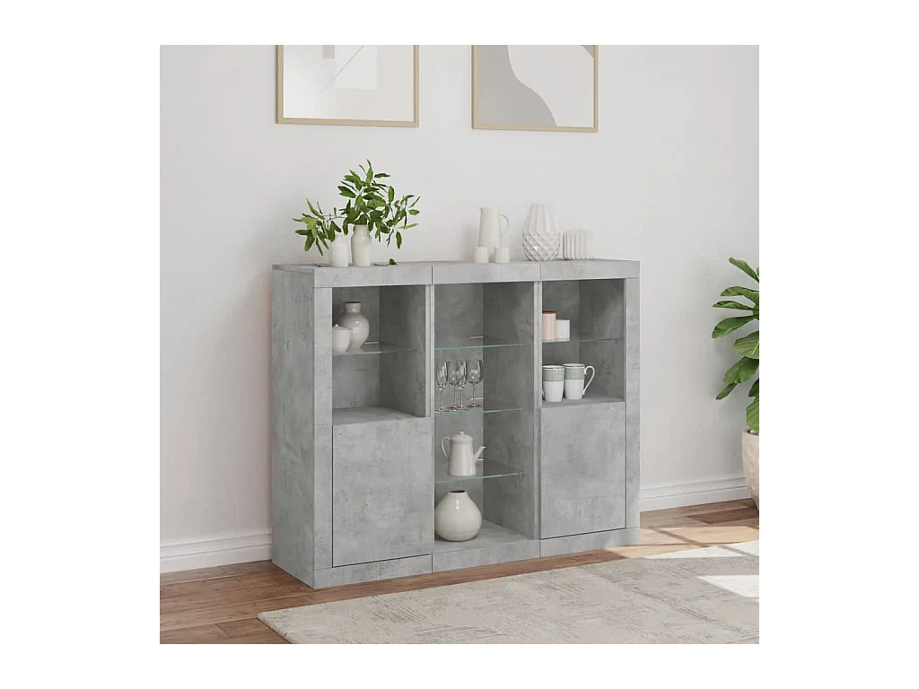 Buffets avec lumières LED 3 pcs gris béton bois d'ingénierie