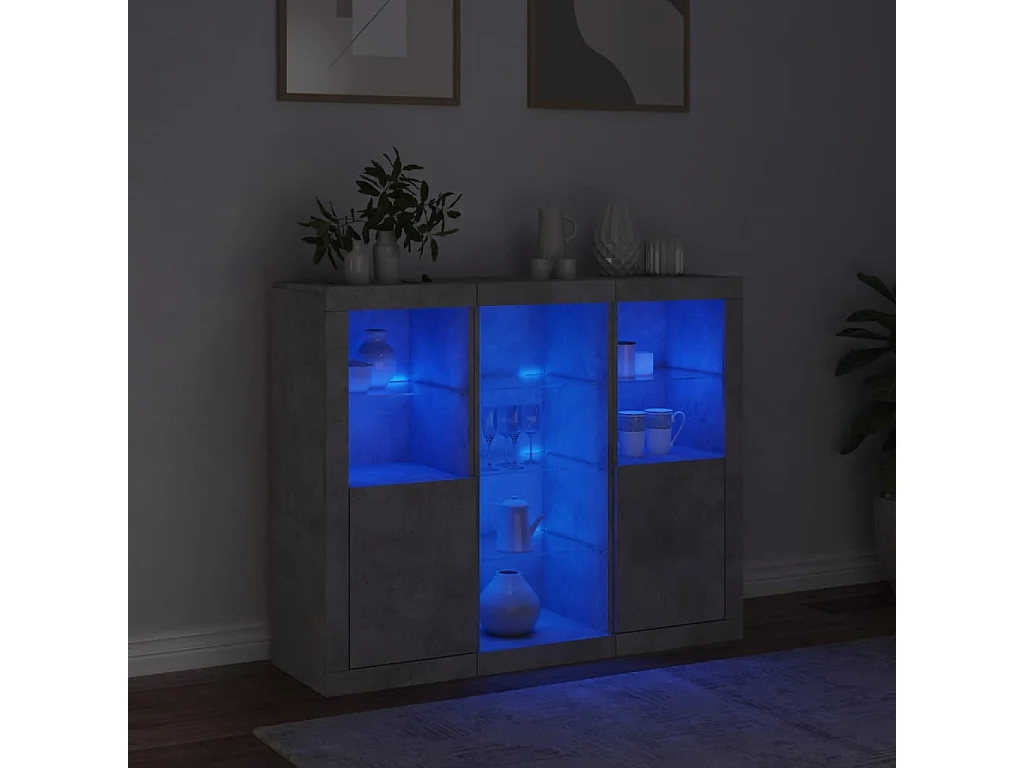 Buffets avec lumières LED 3 pcs gris béton bois d'ingénierie