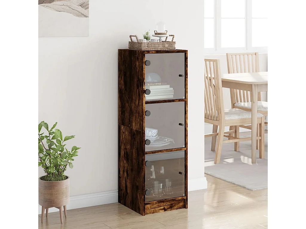 Buffet avec portes en verre chêne fumé 35x37x109 cm