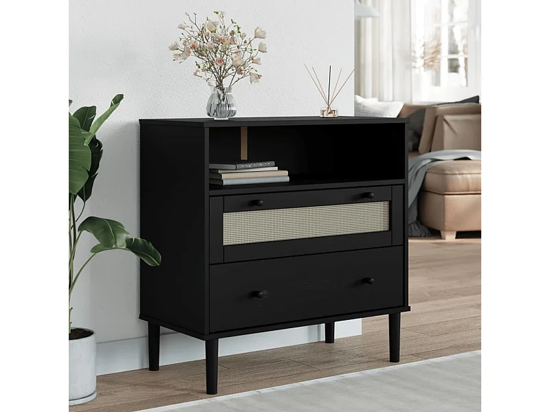 Buffet SENJA aspect rotin noir 80x40x80 cm bois massif de pin