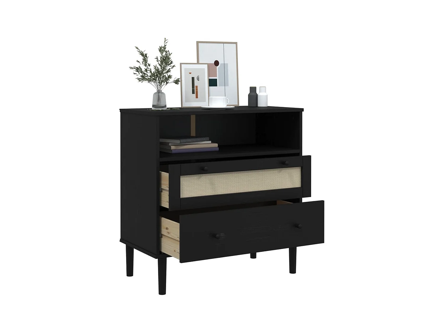 Buffet SENJA aspect rotin noir 80x40x80 cm bois massif de pin