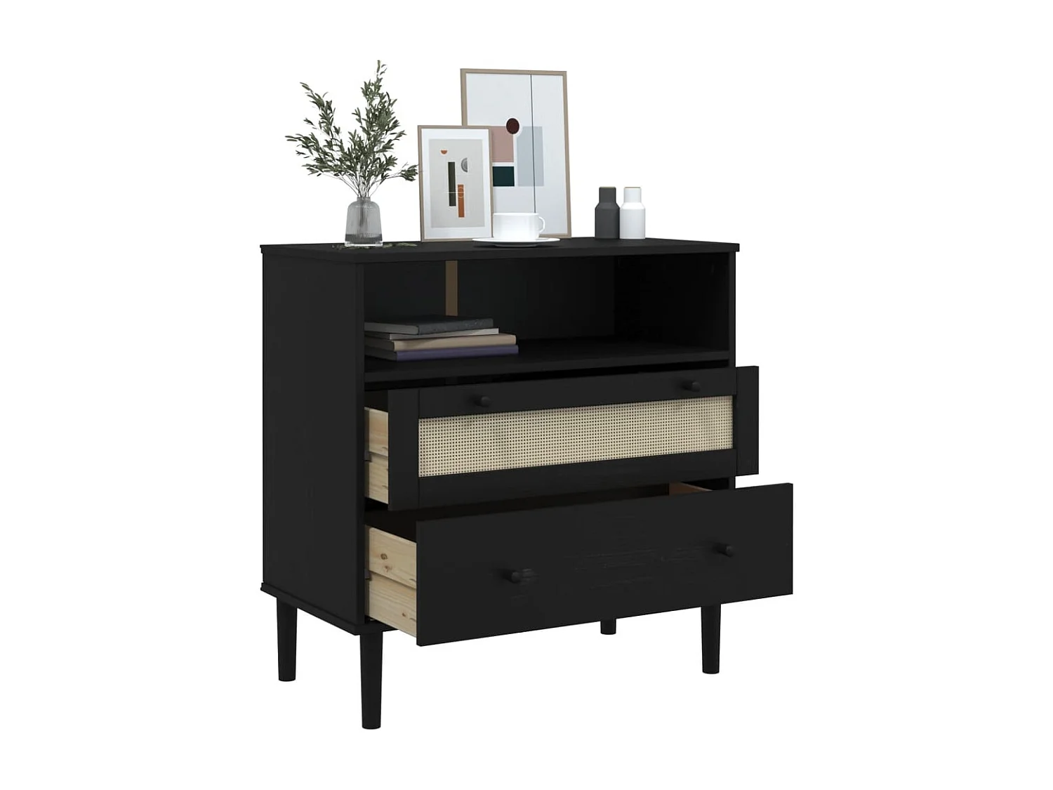 Buffet SENJA aspect rotin noir 80x40x80 cm bois massif de pin