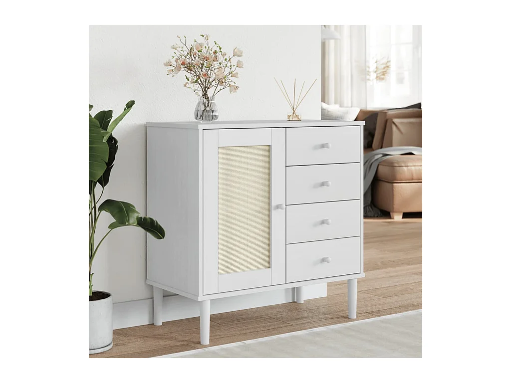 Buffet SENJA aspect rotin blanc 80x40x80 cm bois massif de pin