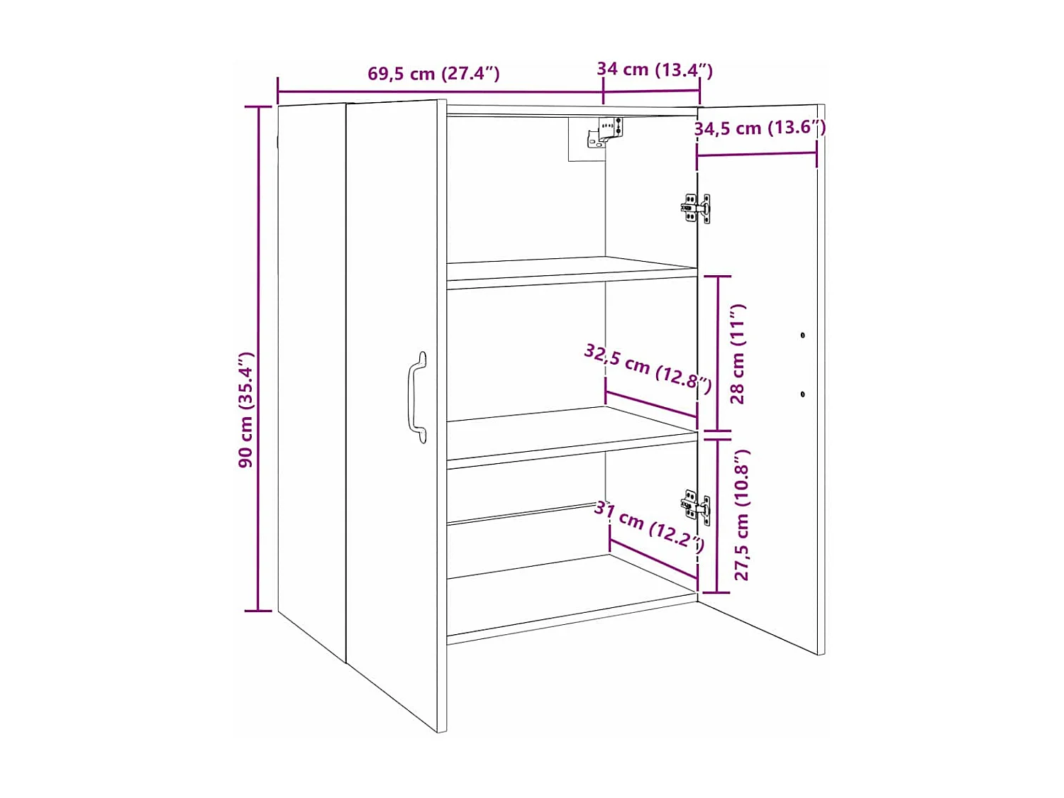 Mobile pensile con ripiano Montaggio a parete con anta Rovere nero 69,5 x 34 x 90 cm