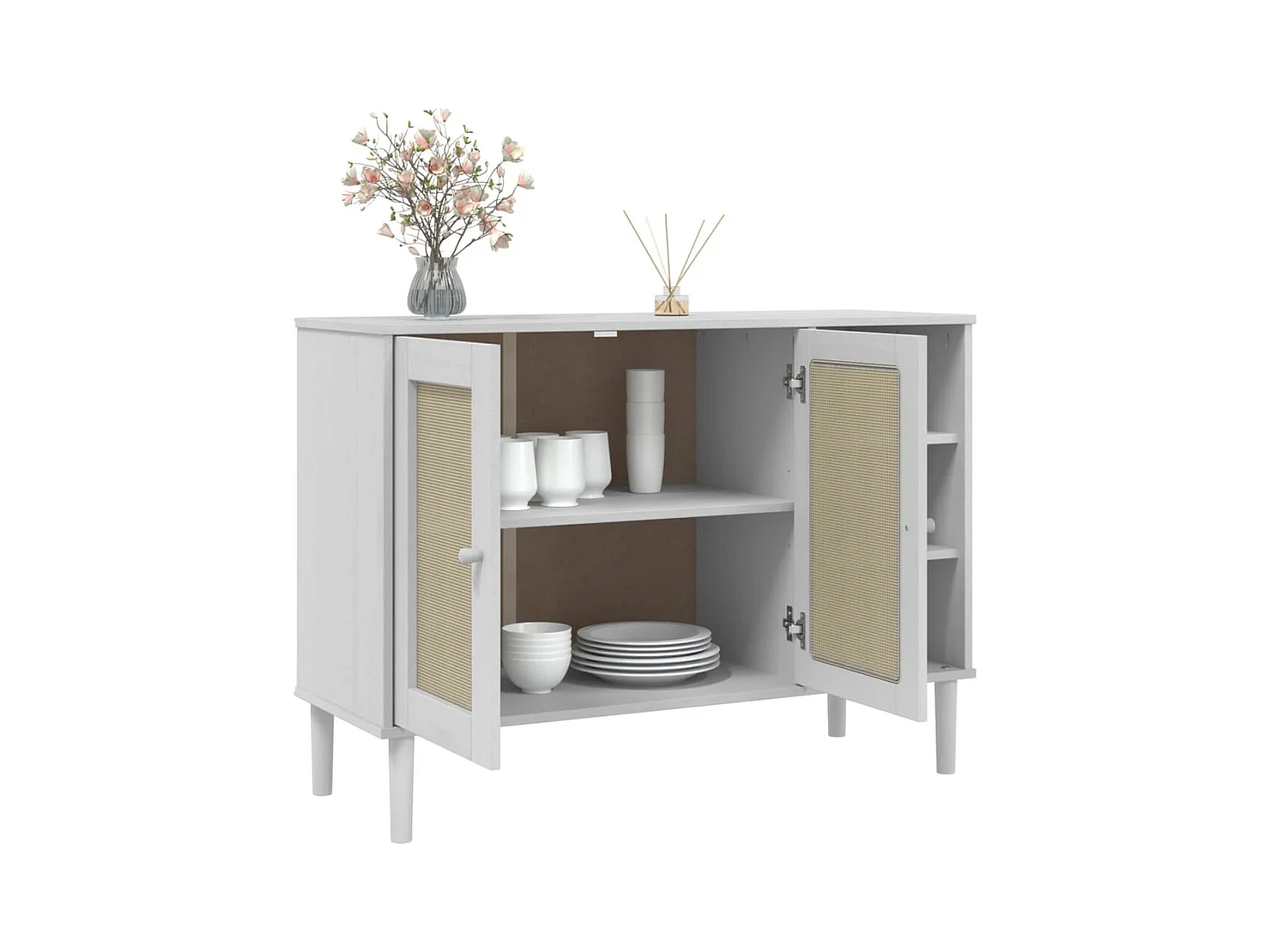 Buffet SENJA aspect rotin blanc 112x40x80cm bois massif de pin