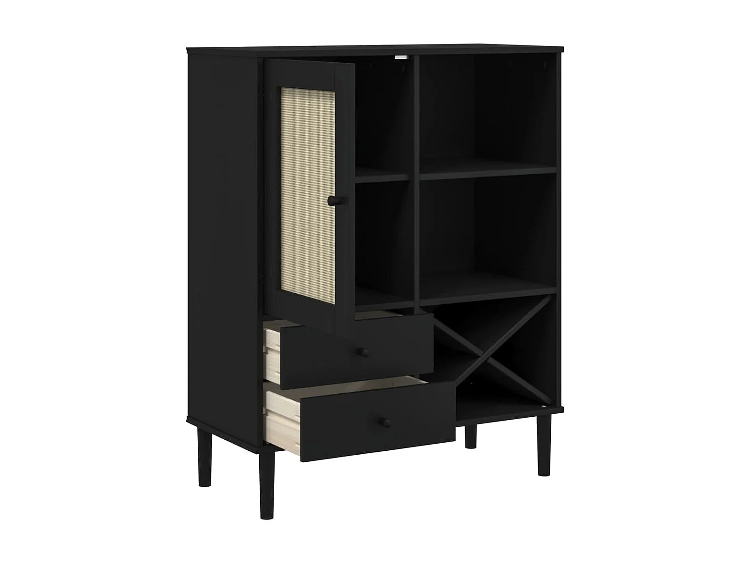 Buffet SENJA aspect rotin noir 90x40x112cm bois massif de pin