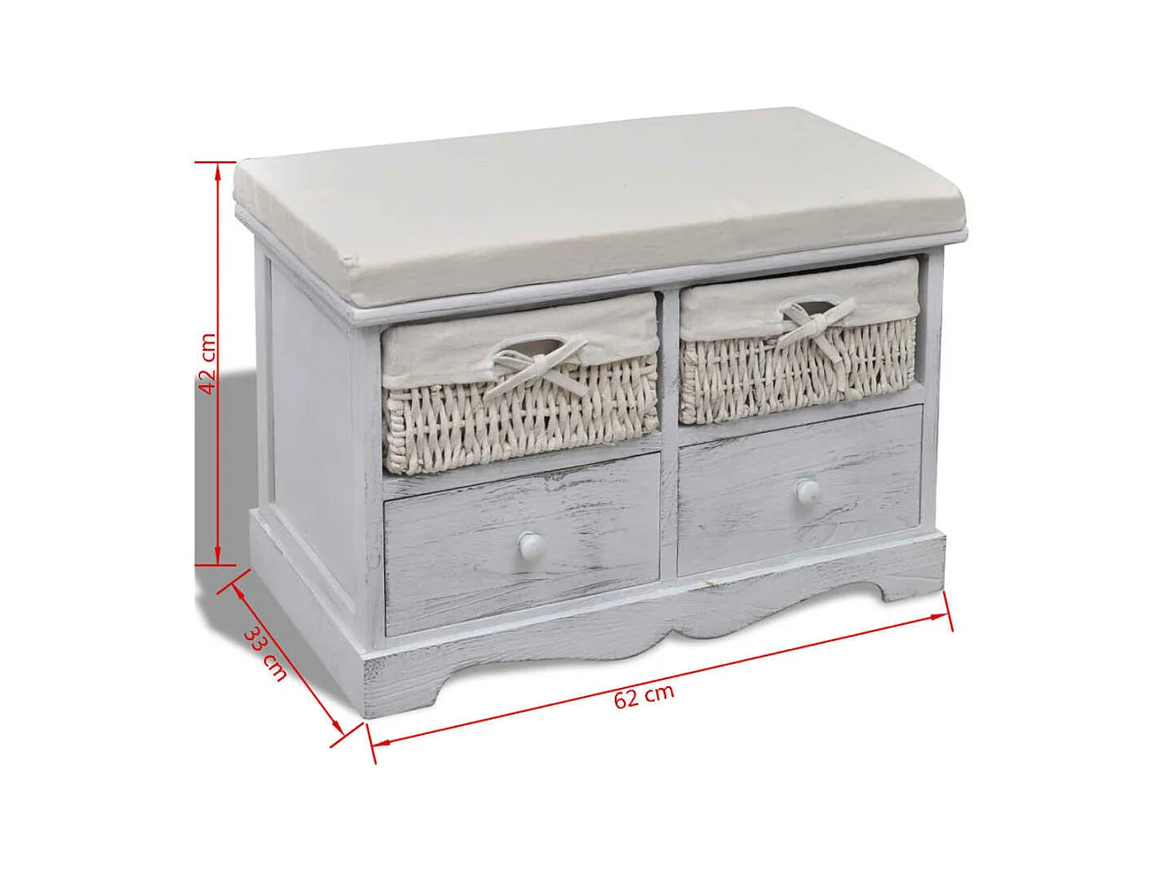 Banco de almacenaje Blanco 62x33x42 cm Madera de Paulownia