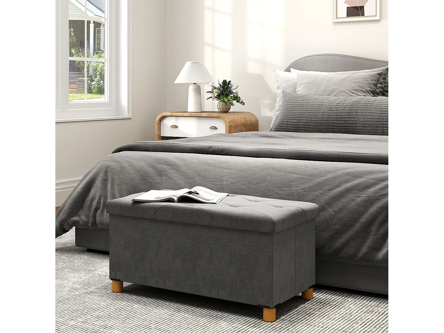 Banc de rangement pliable, design moderne, polyester, gris, avec assise rembourrée (76x38x38cm)