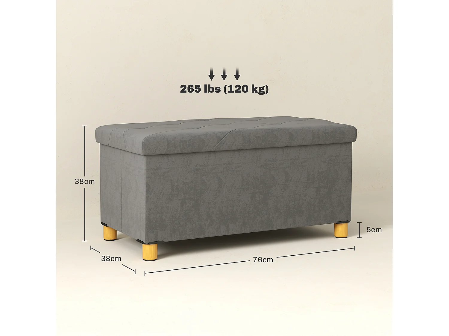 Banc de rangement pliable, design moderne, polyester, gris, avec assise rembourrée (76x38x38cm)