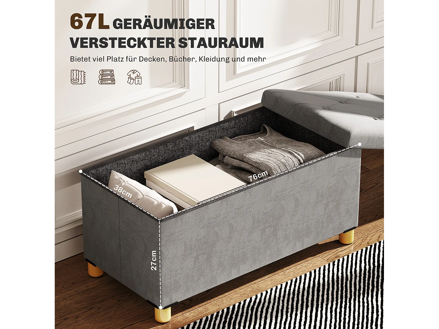 Opvouwbare opbergbank, modern design, polyester, grijs, met gevoerde zitting (76x38x38cm)