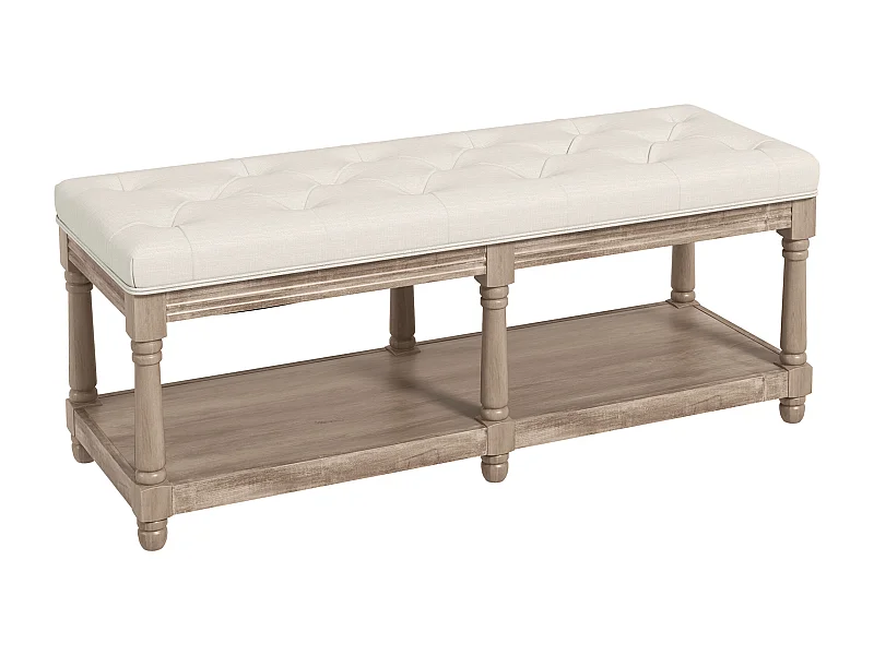 Banc de chaussures avec assise rembourrée et étagère, design vintage, polyester, blanc crème (115x40x48cm)