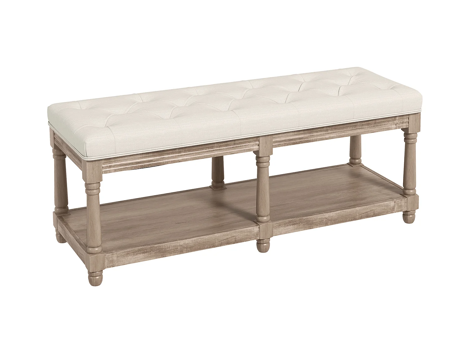 Banc de chaussures avec assise rembourrée et étagère, design vintage, polyester, blanc crème (115x40x48cm)