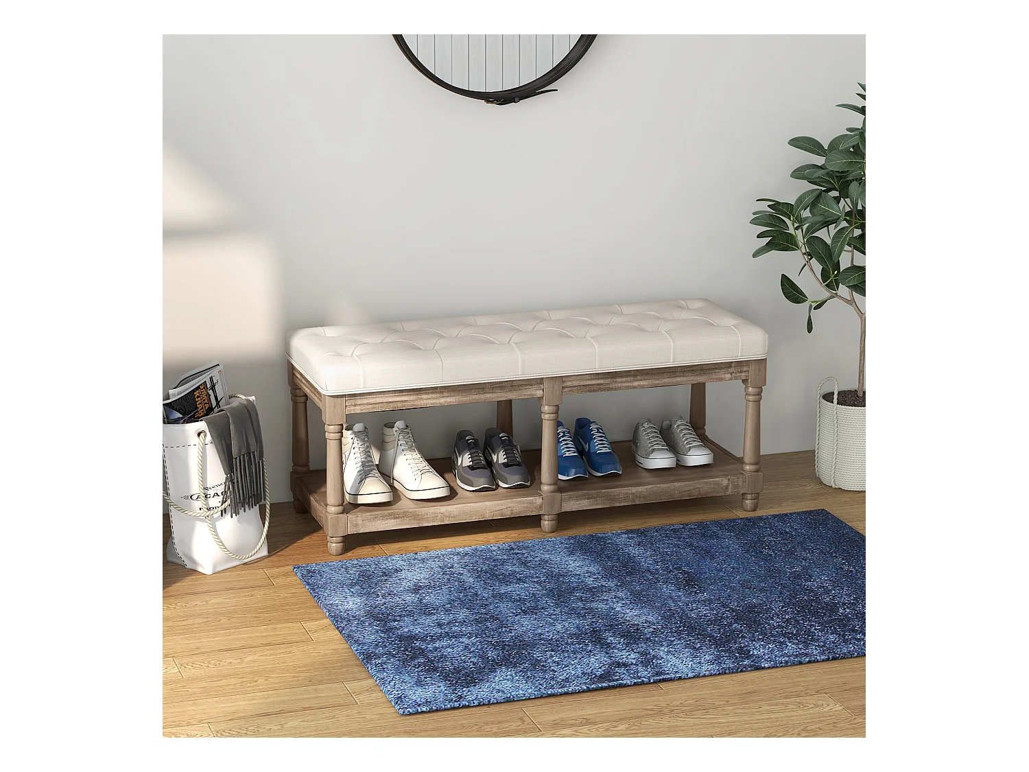 Banc de chaussures avec assise rembourrée et étagère, design vintage, polyester, blanc crème (115x40x48cm)