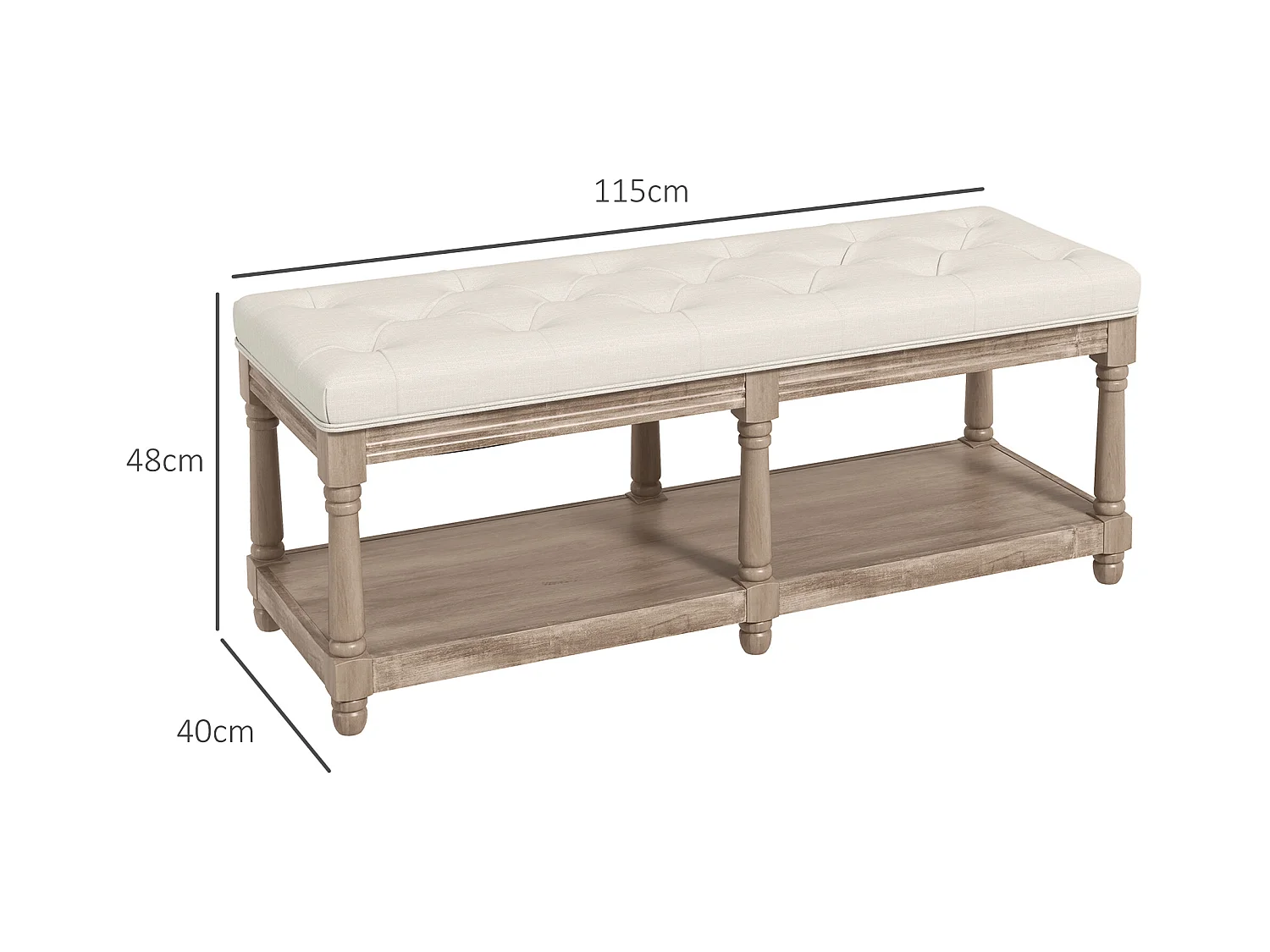 Banc de chaussures avec assise rembourrée et étagère, design vintage, polyester, blanc crème (115x40x48cm)