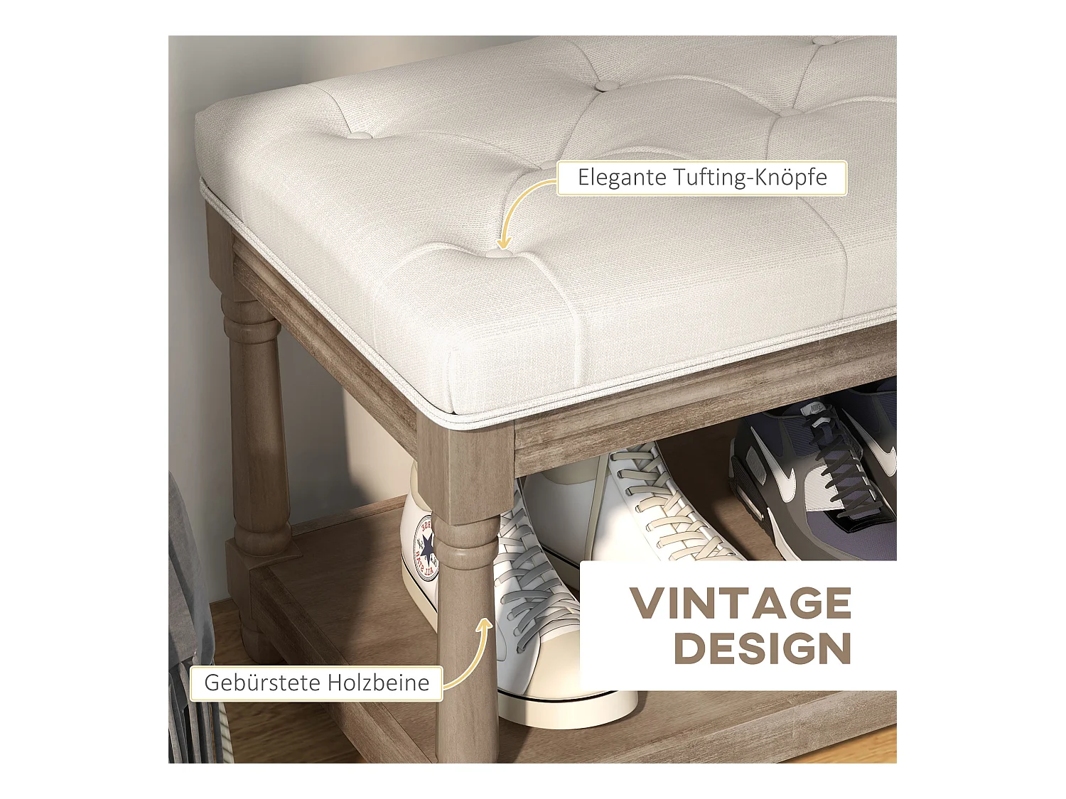 Banc de chaussures avec assise rembourrée et étagère, design vintage, polyester, blanc crème (115x40x48cm)