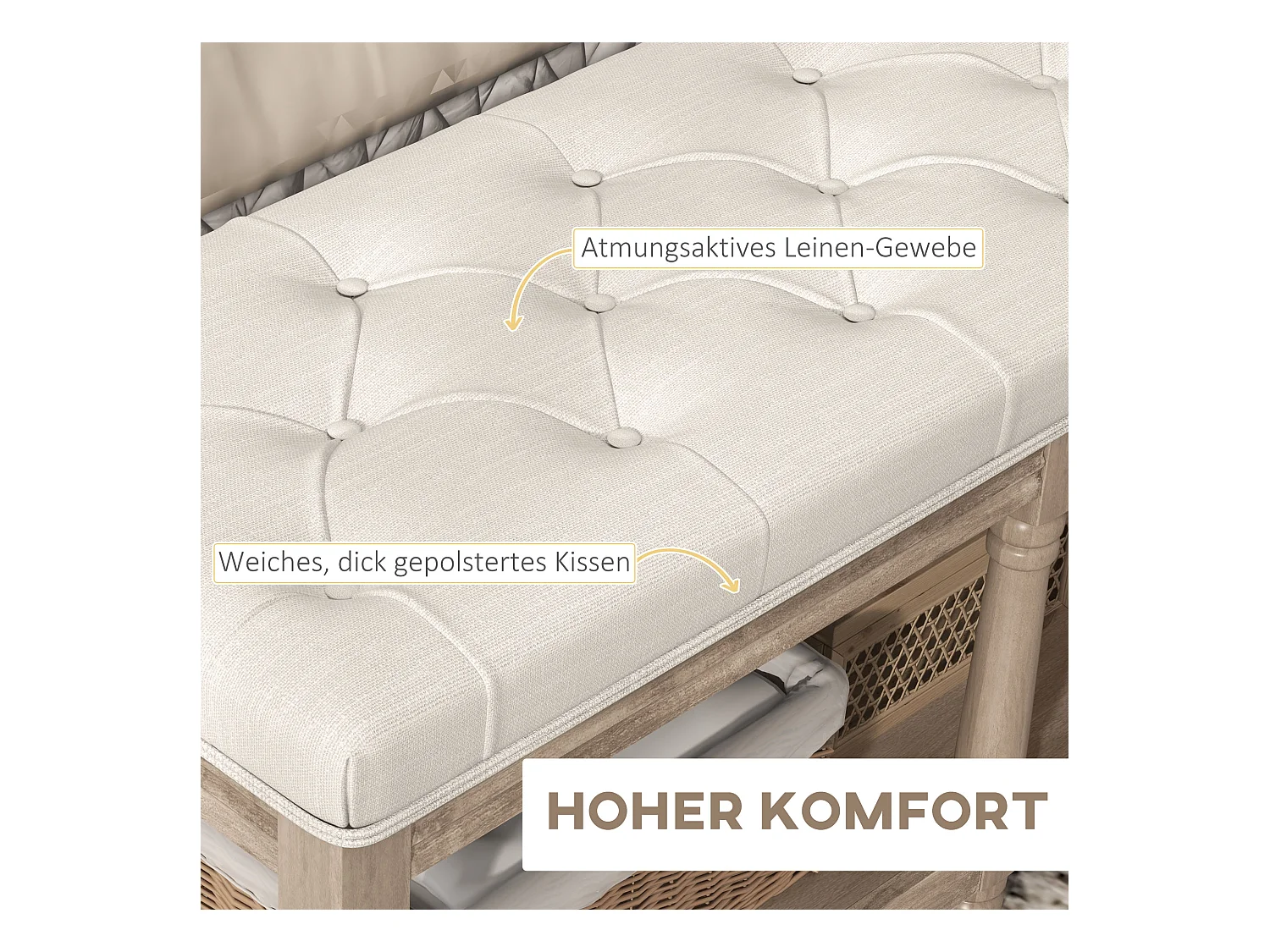 Banc de chaussures avec assise rembourrée et étagère, design vintage, polyester, blanc crème (115x40x48cm)