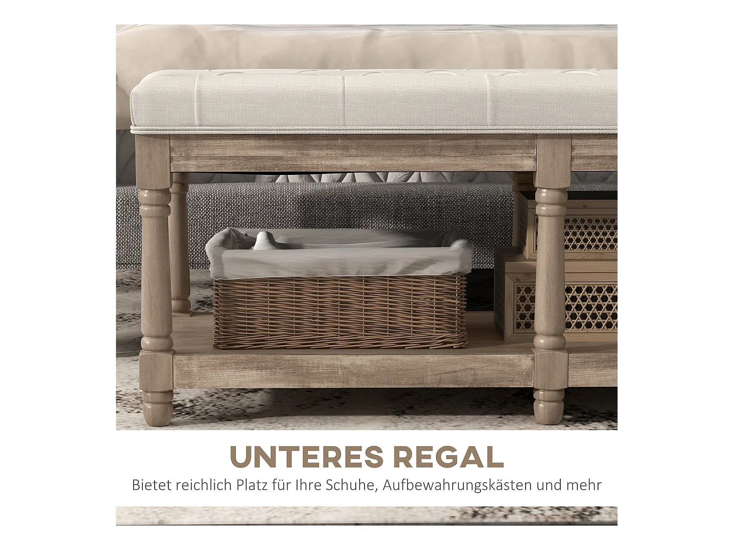 Banc de chaussures avec assise rembourrée et étagère, design vintage, polyester, blanc crème (115x40x48cm)