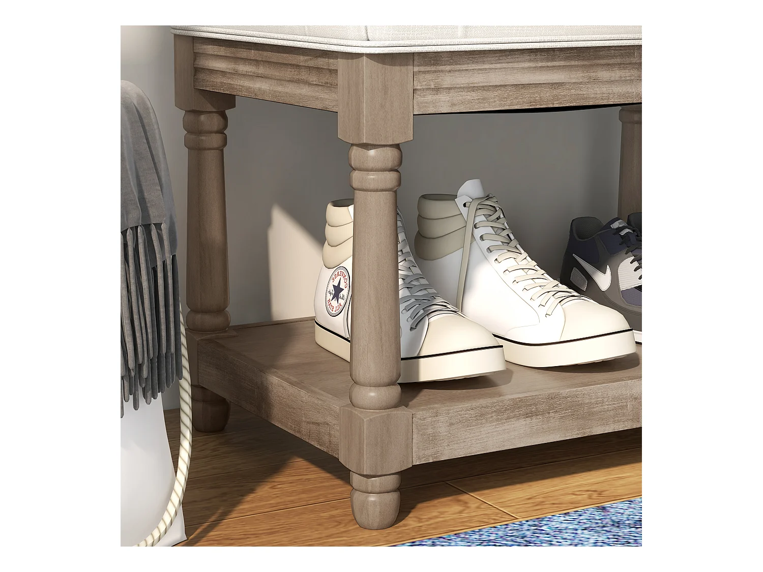 Banc de chaussures avec assise rembourrée et étagère, design vintage, polyester, blanc crème (115x40x48cm)