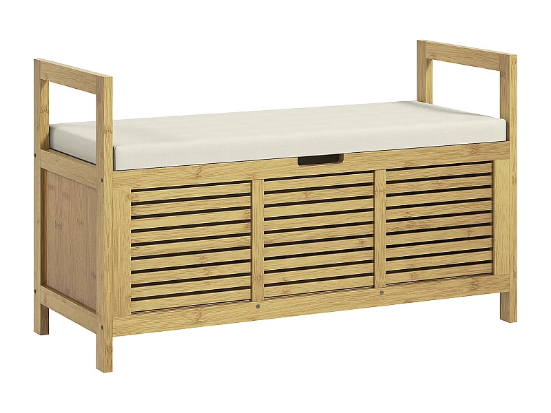 Banco zapatero con almacenaje integrado y estante plegable, fabricado en bambú, color madera natural (100x40x60cm)